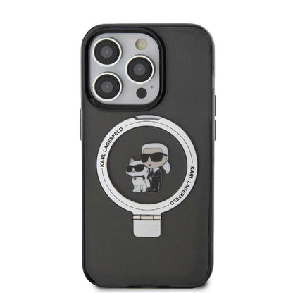 Apple iPhone 15 Pro Kılıf Karl Lagerfeld Orjinal Lisanslı M-safe Şarj Özellikli K&C İkonik Baskılı Ring Standlı Kapak Siyah