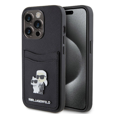 Apple iPhone 15 Pro Kılıf Karl Lagerfeld Orjinal Lisanslı Metal Logo Kartlıklı Saffiano Kapak Siyah