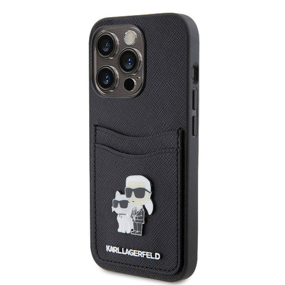 Apple iPhone 15 Pro Kılıf Karl Lagerfeld Orjinal Lisanslı Metal Logo Kartlıklı Saffiano Kapak Siyah