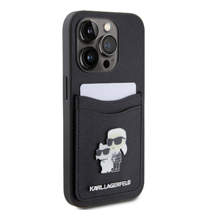 Apple iPhone 15 Pro Kılıf Karl Lagerfeld Orjinal Lisanslı Metal Logo Kartlıklı Saffiano Kapak Siyah
