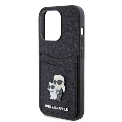 Apple iPhone 15 Pro Kılıf Karl Lagerfeld Orjinal Lisanslı Metal Logo Kartlıklı Saffiano Kapak Siyah