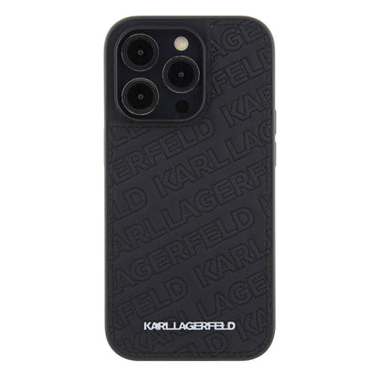 Apple iPhone 15 Pro Kılıf Karl Lagerfeld Orjinal Lisanslı Metal Yazı Logolu Dikişli Logo Arka Yüzey Kapitone Kapak Siyah