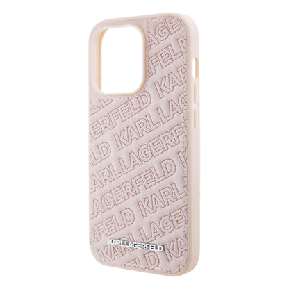 Apple iPhone 15 Pro Kılıf Karl Lagerfeld Orjinal Lisanslı Metal Yazı Logolu Dikişli Logo Arka Yüzey Kapitone Kapak Pembe