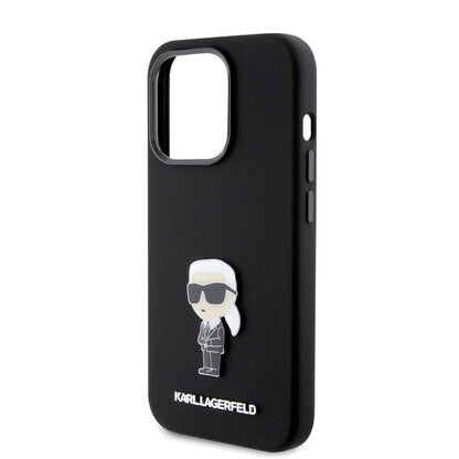 Apple iPhone 15 Pro Kılıf Karl Lagerfeld Silikon İkonik Metal Logo Orjinal Lisanslı Kapak Siyah