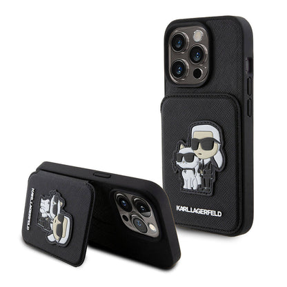 Apple iPhone 15 Pro Kılıf Karl Lagerfeld Standlı Kartlıklı Saffiano K&C Metal Logo Orjinal Lisanslı Kapak Siyah