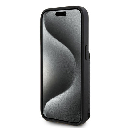 Apple iPhone 15 Pro Kılıf Karl Lagerfeld Standlı Kartlıklı Saffiano K&C Metal Logo Orjinal Lisanslı Kapak Siyah