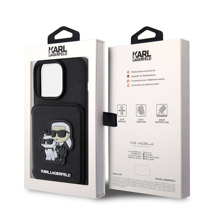 Apple iPhone 15 Pro Kılıf Karl Lagerfeld Standlı Kartlıklı Saffiano K&C Metal Logo Orjinal Lisanslı Kapak Siyah
