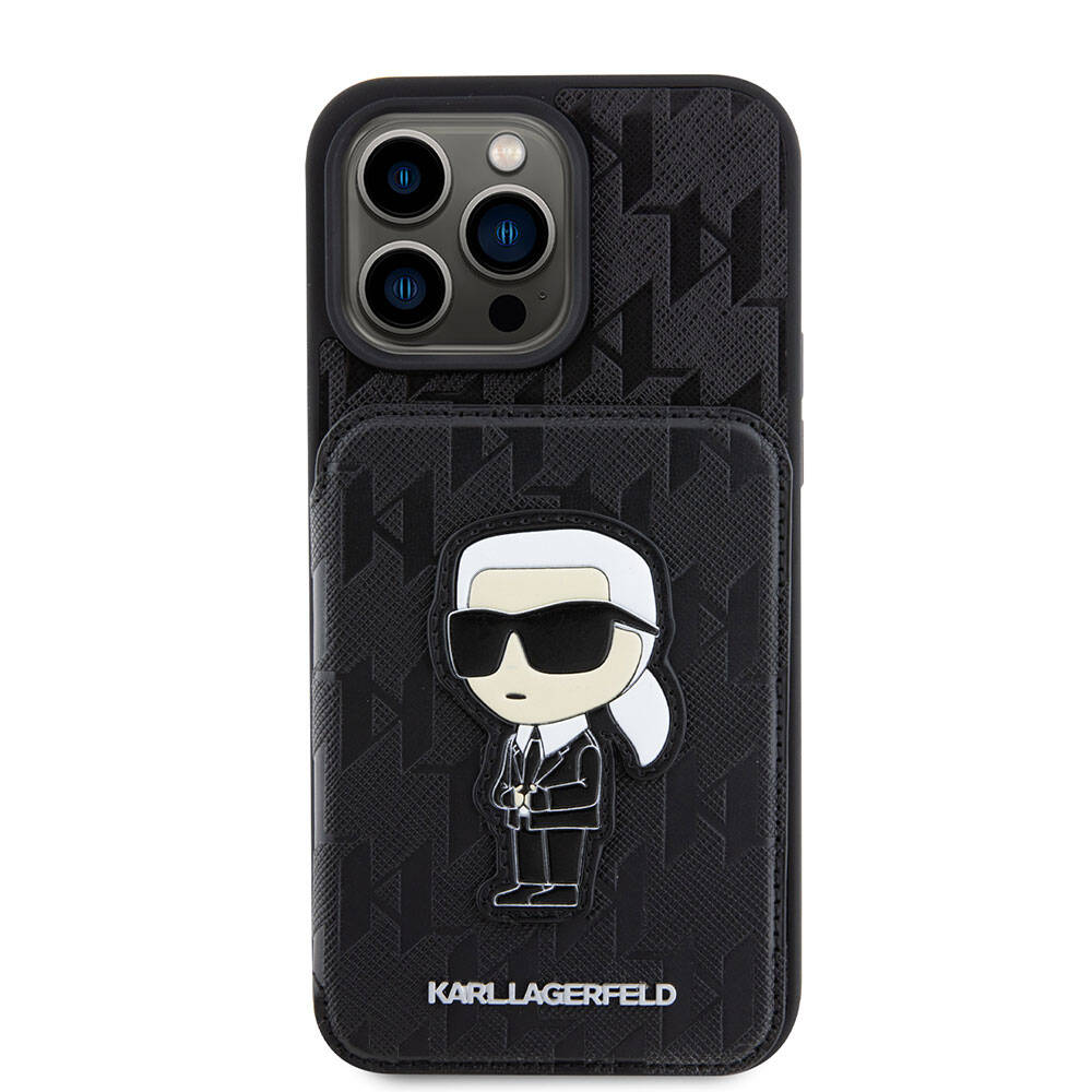 Apple iPhone 15 Pro Kılıf Karl Lagerfeld Standlı Kartlıklı Saffiano Monogram İkonik Metal Logo Orjinal Lisanslı Kapak Siyah