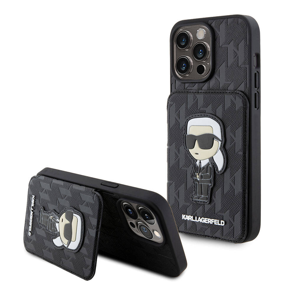 Apple iPhone 15 Pro Kılıf Karl Lagerfeld Standlı Kartlıklı Saffiano Monogram İkonik Metal Logo Orjinal Lisanslı Kapak Siyah