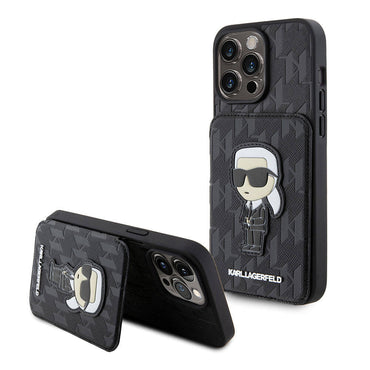 Apple iPhone 15 Pro Kılıf Karl Lagerfeld Standlı Kartlıklı Saffiano Monogram İkonik Metal Logo Orjinal Lisanslı Kapak Siyah