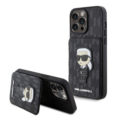 Apple iPhone 15 Pro Kılıf Karl Lagerfeld Standlı Kartlıklı Saffiano Monogram İkonik Metal Logo Orjinal Lisanslı Kapak Siyah