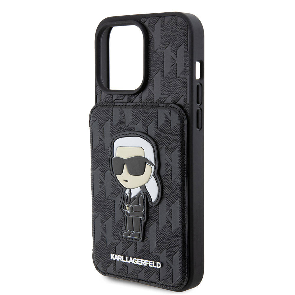 Apple iPhone 15 Pro Kılıf Karl Lagerfeld Standlı Kartlıklı Saffiano Monogram İkonik Metal Logo Orjinal Lisanslı Kapak Siyah