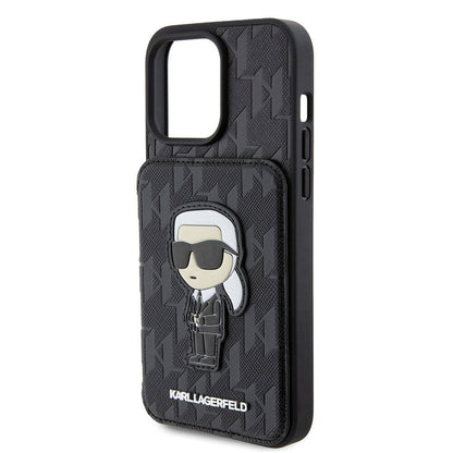 Apple iPhone 15 Pro Kılıf Karl Lagerfeld Standlı Kartlıklı Saffiano Monogram İkonik Metal Logo Orjinal Lisanslı Kapak Siyah