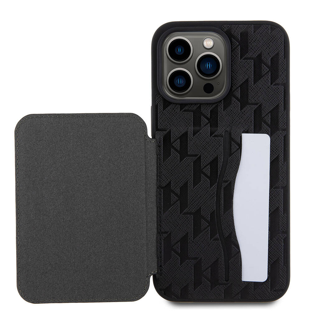 Apple iPhone 15 Pro Kılıf Karl Lagerfeld Standlı Kartlıklı Saffiano Monogram İkonik Metal Logo Orjinal Lisanslı Kapak Siyah