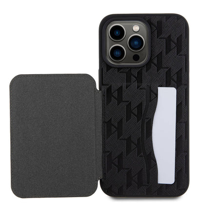 Apple iPhone 15 Pro Kılıf Karl Lagerfeld Standlı Kartlıklı Saffiano Monogram İkonik Metal Logo Orjinal Lisanslı Kapak Siyah