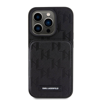 Apple iPhone 15 Pro Kılıf Karl Lagerfeld Standlı Kartlıklı Saffiano Monogram Metal Logo Orjinal Lisanslı Kapak Siyah
