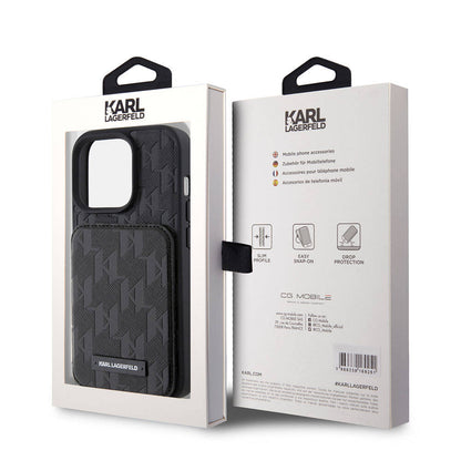 Apple iPhone 15 Pro Kılıf Karl Lagerfeld Standlı Kartlıklı Saffiano Monogram Metal Logo Orjinal Lisanslı Kapak Siyah