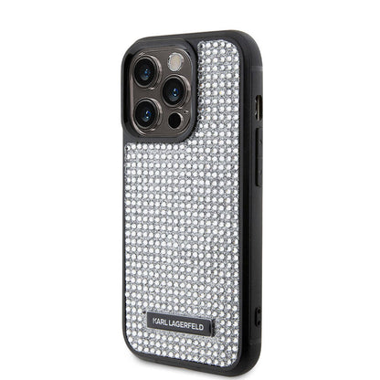 Apple iPhone 15 Pro Kılıf Karl Lagerfeld Taşlı Metal Logo Orjinal Lisanslı Kapak Siyah