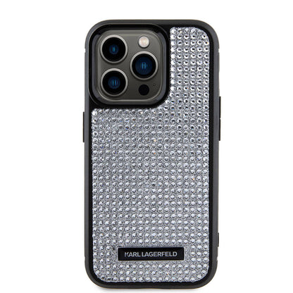 Apple iPhone 15 Pro Kılıf Karl Lagerfeld Taşlı Metal Logo Orjinal Lisanslı Kapak Siyah