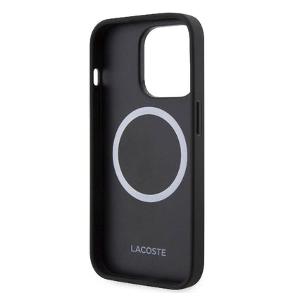 Apple iPhone 15 Pro Kılıf Lacoste Orjinal Lisanslı M-safe Şarj Özellikli PU Deri Görünümlü Karışık Monogram Desenli Kapak Lacivert