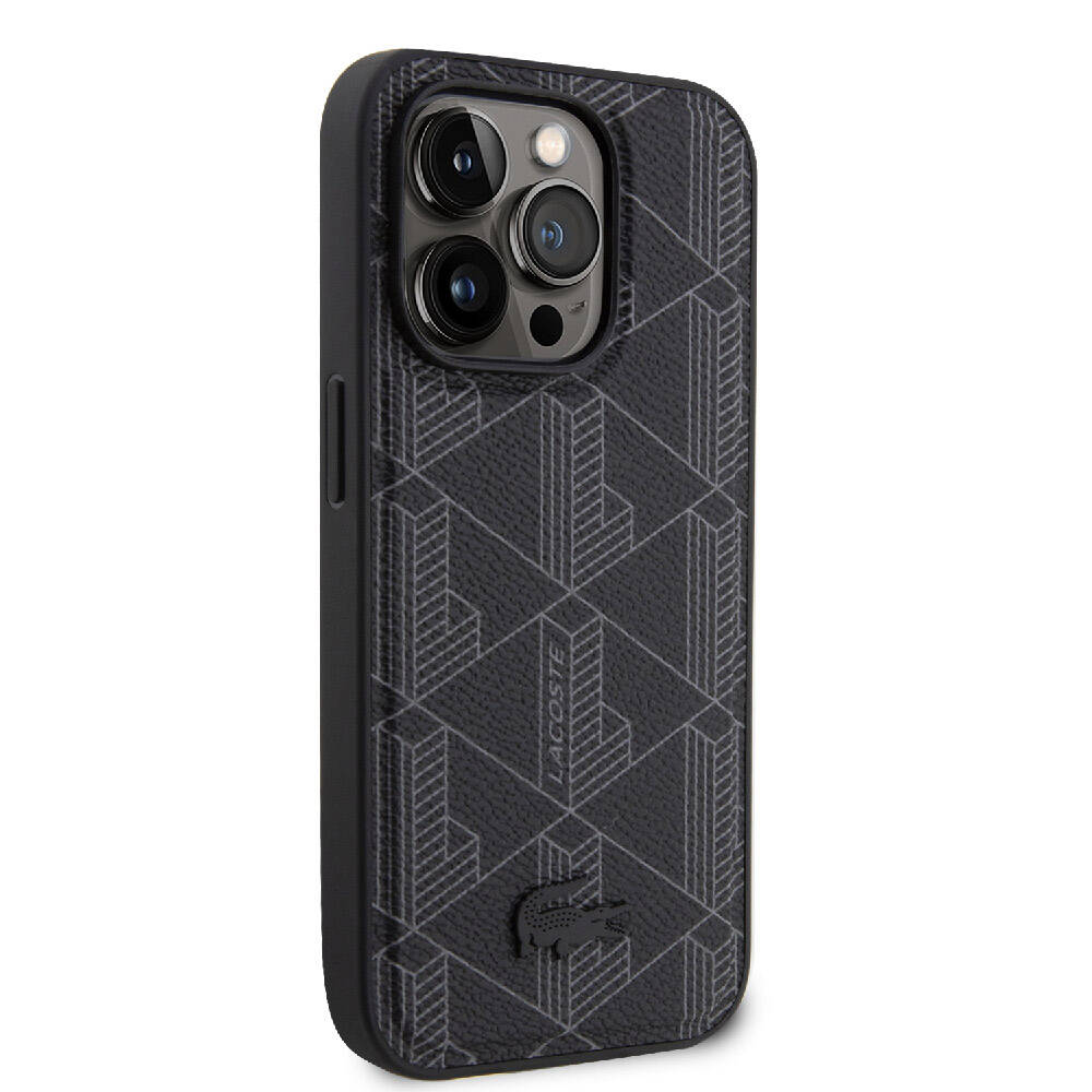 Apple iPhone 15 Pro Kılıf Lacoste Orjinal Lisanslı M-safe Şarj Özellikli PU Deri Görünümlü Karışık Monogram Desenli Kapak Siyah