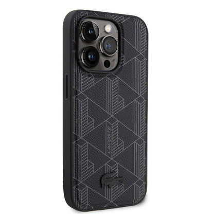 Apple iPhone 15 Pro Kılıf Lacoste Orjinal Lisanslı M-safe Şarj Özellikli PU Deri Görünümlü Karışık Monogram Desenli Kapak Lacivert