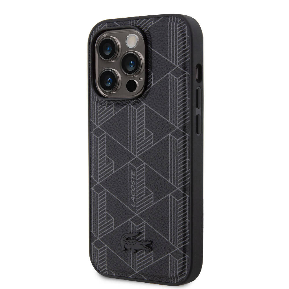 Apple iPhone 15 Pro Kılıf Lacoste Orjinal Lisanslı M-safe Şarj Özellikli PU Deri Görünümlü Karışık Monogram Desenli Kapak Siyah