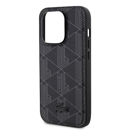 Apple iPhone 15 Pro Kılıf Lacoste Orjinal Lisanslı M-safe Şarj Özellikli PU Deri Görünümlü Karışık Monogram Desenli Kapak Lacivert
