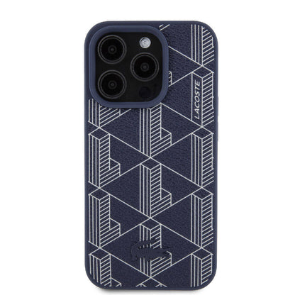 Apple iPhone 15 Pro Kılıf Lacoste Orjinal Lisanslı M-safe Şarj Özellikli PU Deri Görünümlü Karışık Monogram Desenli Kapak Lacivert