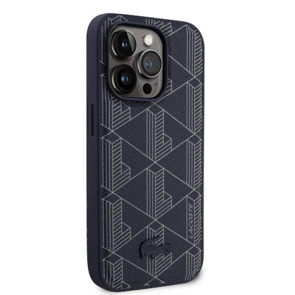 Apple iPhone 15 Pro Kılıf Lacoste Orjinal Lisanslı M-safe Şarj Özellikli PU Deri Görünümlü Karışık Monogram Desenli Kapak Lacivert