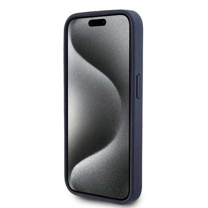 Apple iPhone 15 Pro Kılıf Lacoste Orjinal Lisanslı M-safe Şarj Özellikli PU Deri Görünümlü Karışık Monogram Desenli Kapak Lacivert