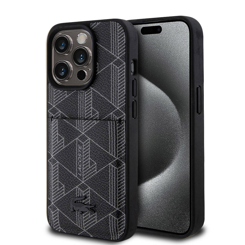 Apple iPhone 15 Pro Kılıf Lacoste Orjinal Lisanslı M-safe Şarj Özellikli PU Deri Görünümlü Kartlıklı Karışık Monogram Desenli Kapak Lacivert