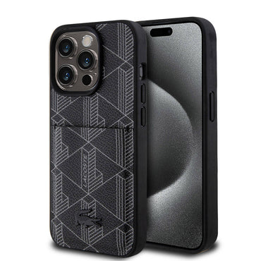 Apple iPhone 15 Pro Kılıf Lacoste Orjinal Lisanslı M-safe Şarj Özellikli PU Deri Görünümlü Kartlıklı Karışık Monogram Desenli Kapak Siyah