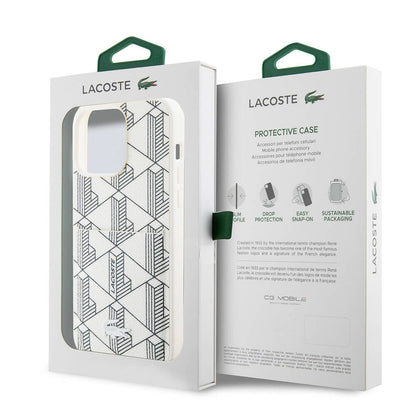 Apple iPhone 15 Pro Kılıf Lacoste Orjinal Lisanslı M-safe Şarj Özellikli PU Deri Görünümlü Kartlıklı Karışık Monogram Desenli Kapak Siyah