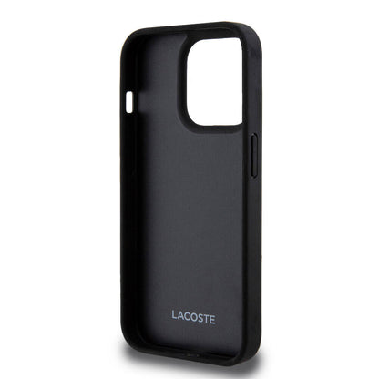Apple iPhone 15 Pro Kılıf Lacoste Orjinal Lisanslı M-safe Şarj Özellikli PU Deri Görünümlü Kartlıklı Karışık Monogram Desenli Kapak Siyah