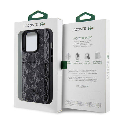 Apple iPhone 15 Pro Kılıf Lacoste Orjinal Lisanslı M-safe Şarj Özellikli PU Deri Görünümlü Kartlıklı Karışık Monogram Desenli Kapak Siyah