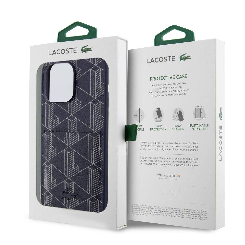Apple iPhone 15 Pro Kılıf Lacoste Orjinal Lisanslı M-safe Şarj Özellikli PU Deri Görünümlü Kartlıklı Karışık Monogram Desenli Kapak Siyah