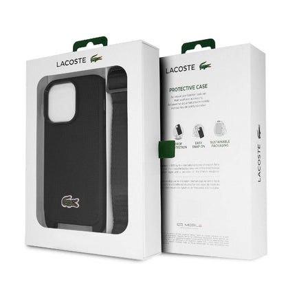Apple iPhone 15 Pro Kılıf Lacoste Orjinal Lisanslı PU Pike Desenli Arka Yüzey Askılı İkonik Timsah Dokuma Logolu Kapak Siyah