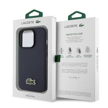 Apple iPhone 15 Pro Kılıf Lacoste Orjinal Lisanslı PU Pike Desenli Arka Yüzey İkonik Timsah Dokuma Logolu Kapak Siyah