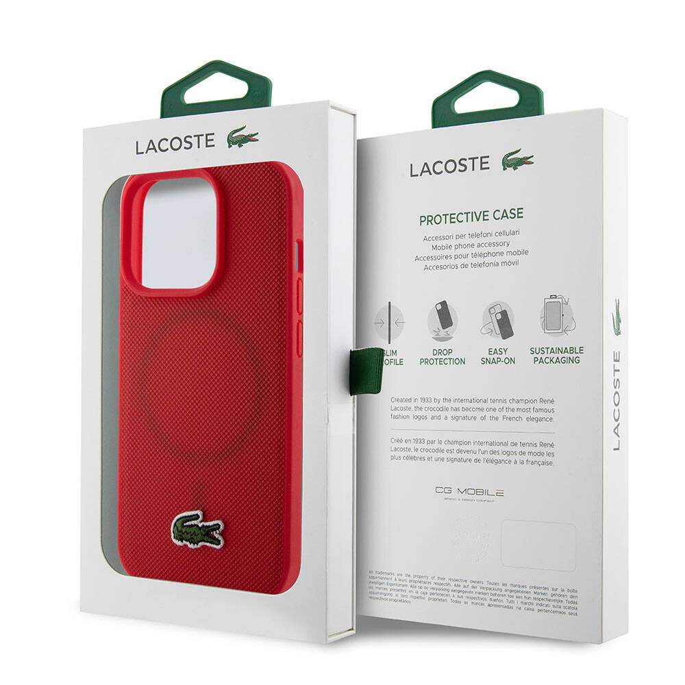 Apple iPhone 15 Pro Kılıf Lacoste Orjinal Lisanslı PU Pike Desenli Arka Yüzey İkonik Timsah Dokuma Logolu Kapak Kırmızı