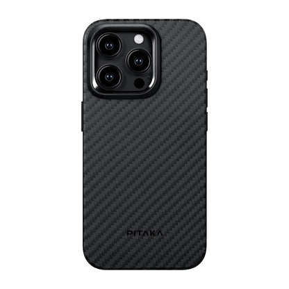 Apple iPhone 15 Pro Kılıf M-safe Şarj Özellikli 1500D Aramid Fiber Pitaka Military-Grade Classic Serisi Black-Grey Twill Kapak Siyah-Mavi