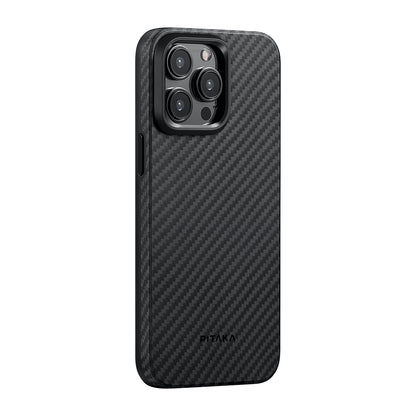 Apple iPhone 15 Pro Kılıf M-safe Şarj Özellikli 1500D Aramid Fiber Pitaka Military-Grade Classic Serisi Black-Grey Twill Kapak Siyah-Mavi