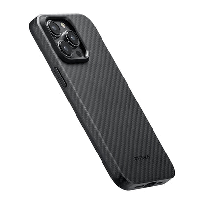 Apple iPhone 15 Pro Kılıf M-safe Şarj Özellikli 1500D Aramid Fiber Pitaka Military-Grade Classic Serisi Black-Grey Twill Kapak Siyah-Mavi