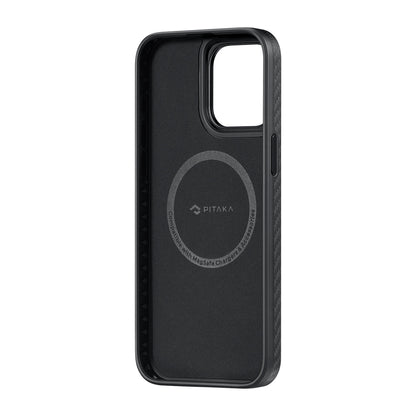 Apple iPhone 15 Pro Kılıf M-safe Şarj Özellikli 1500D Aramid Fiber Pitaka Military-Grade Classic Serisi Black-Grey Twill Kapak Siyah-Gri