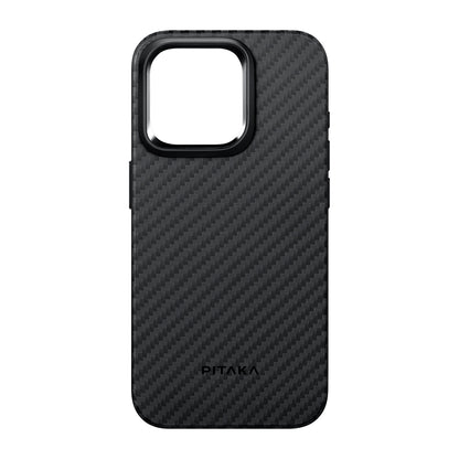 Apple iPhone 15 Pro Kılıf M-safe Şarj Özellikli 1500D Aramid Fiber Pitaka Military-Grade Classic Serisi Black-Grey Twill Kapak Siyah-Mavi