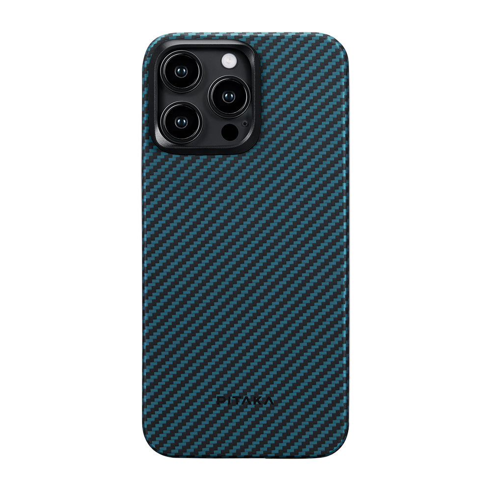 Apple iPhone 15 Pro Kılıf M-safe Şarj Özellikli 1500D Aramid Fiber Pitaka Ultra-Slim Classic Serisi Black-Blue Twill Kapak Siyah-Mavi