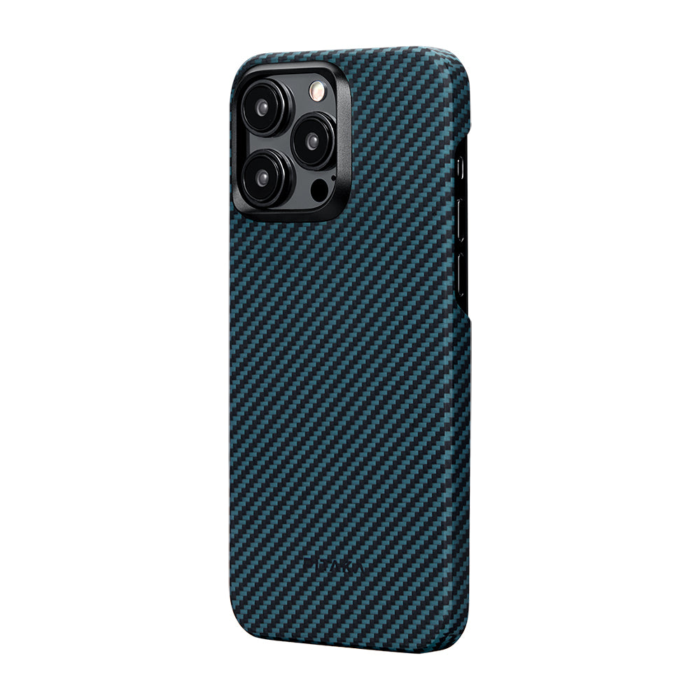 Apple iPhone 15 Pro Kılıf M-safe Şarj Özellikli 1500D Aramid Fiber Pitaka Ultra-Slim Classic Serisi Black-Blue Twill Kapak Siyah-Mavi