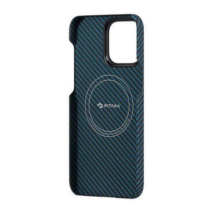 Apple iPhone 15 Pro Kılıf M-safe Şarj Özellikli 1500D Aramid Fiber Pitaka Ultra-Slim Classic Serisi Black-Blue Twill Kapak Siyah-Mavi
