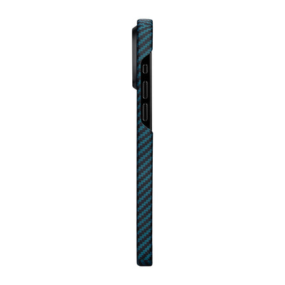 Apple iPhone 15 Pro Kılıf M-safe Şarj Özellikli 1500D Aramid Fiber Pitaka Ultra-Slim Classic Serisi Black-Blue Twill Kapak Siyah-Mavi