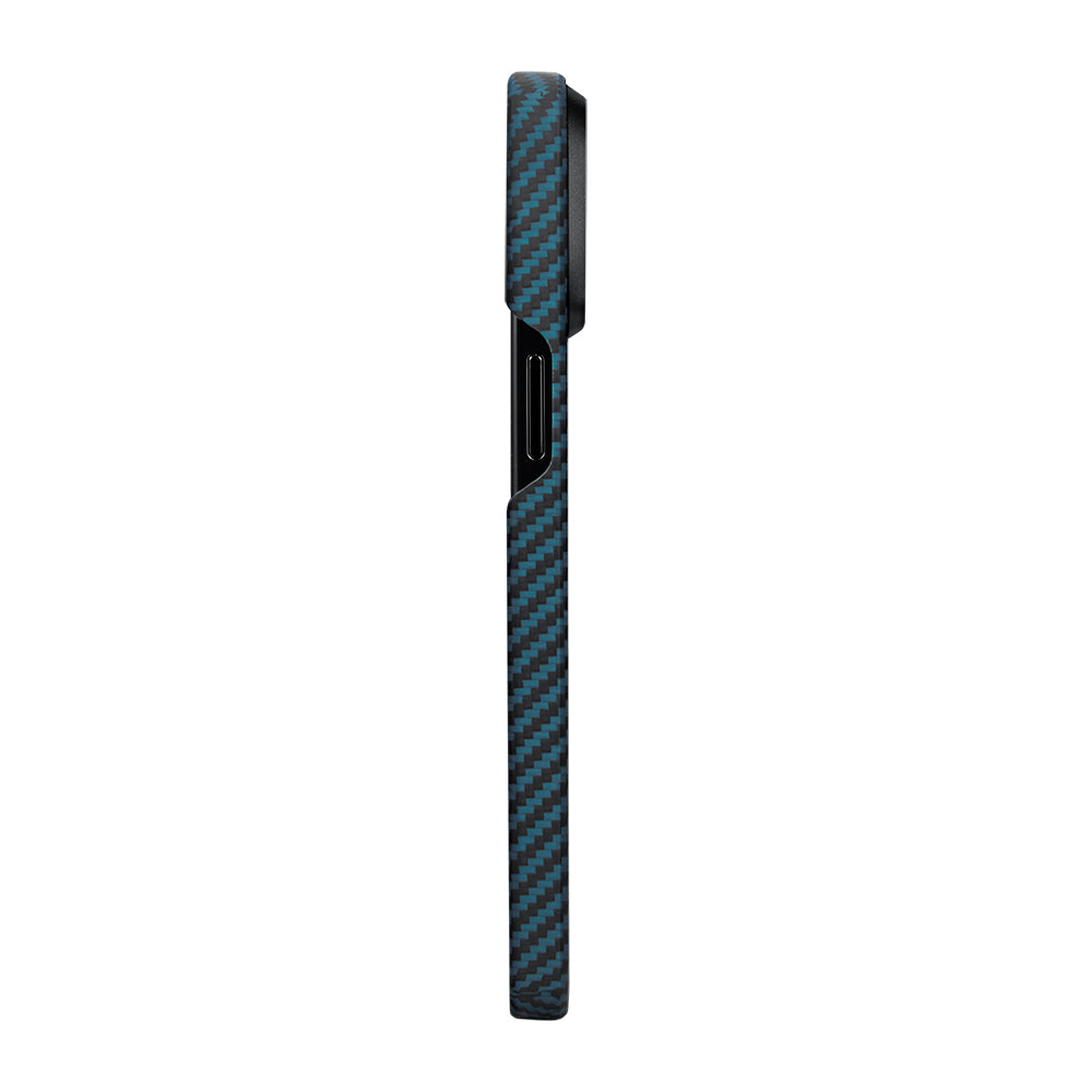 Apple iPhone 15 Pro Kılıf M-safe Şarj Özellikli 1500D Aramid Fiber Pitaka Ultra-Slim Classic Serisi Black-Blue Twill Kapak Siyah-Mavi